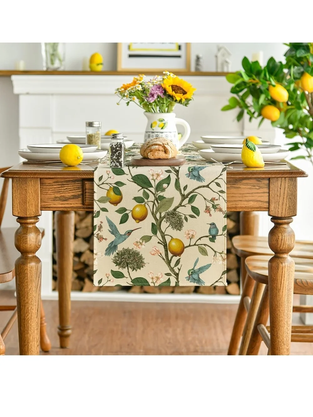 Floral Lemon Table Runner - Cream with Green and Yellow
